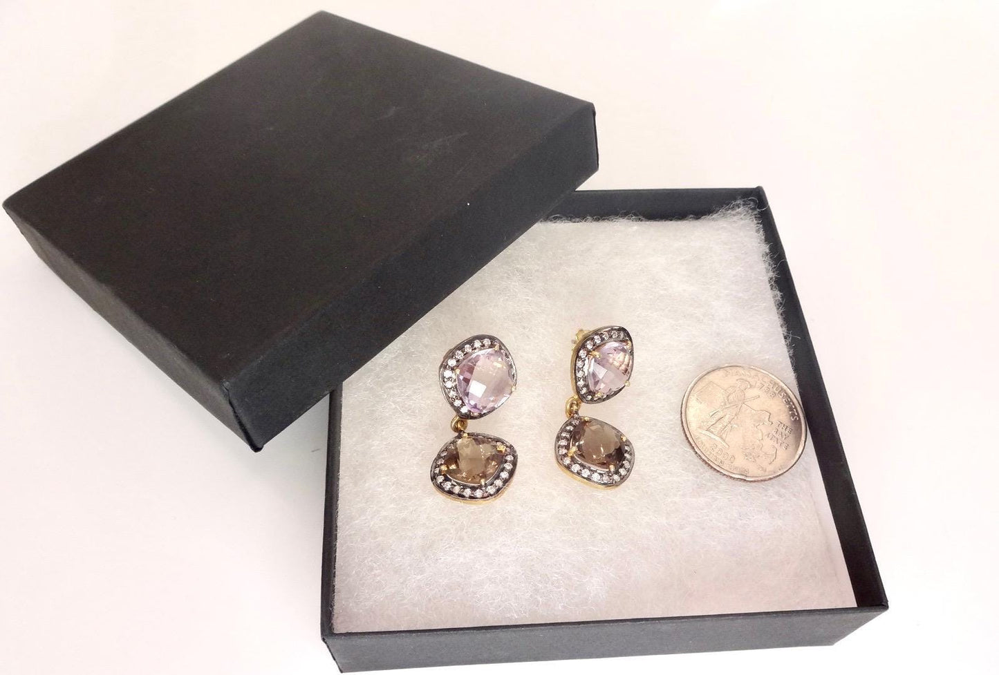 Vintage Genuine White Sapphire Mixed Gemstone Filigree Sterling Silver Dangle Earrings