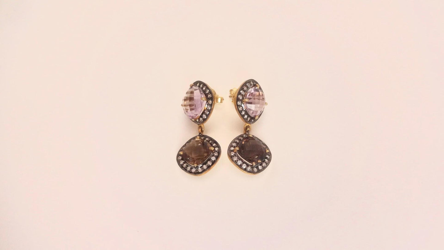 Vintage Genuine White Sapphire Mixed Gemstone Filigree Sterling Silver Dangle Earrings
