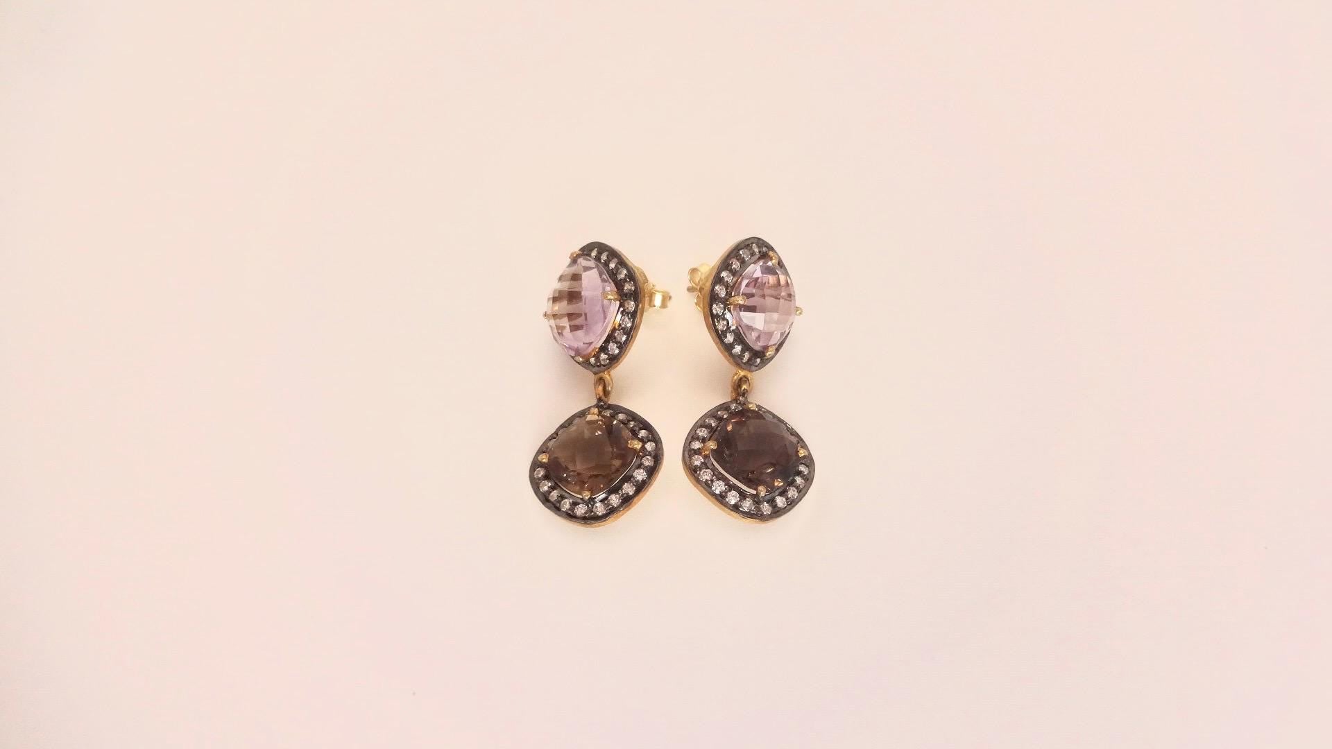 Vintage Genuine White Sapphire Mixed Gemstone Filigree Sterling Silver Dangle Earrings