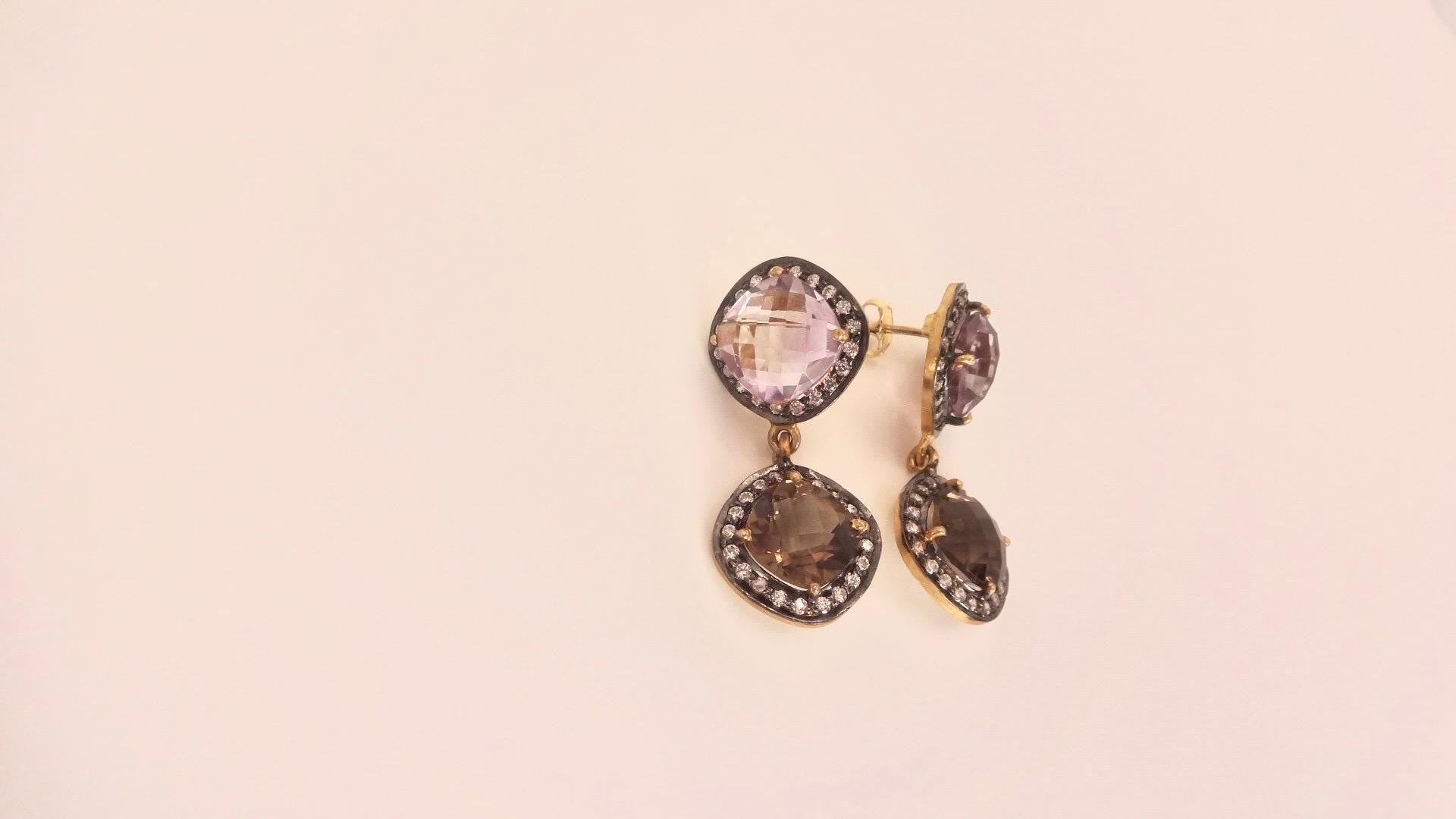 Vintage Genuine White Sapphire Mixed Gemstone Filigree Sterling Silver Dangle Earrings
