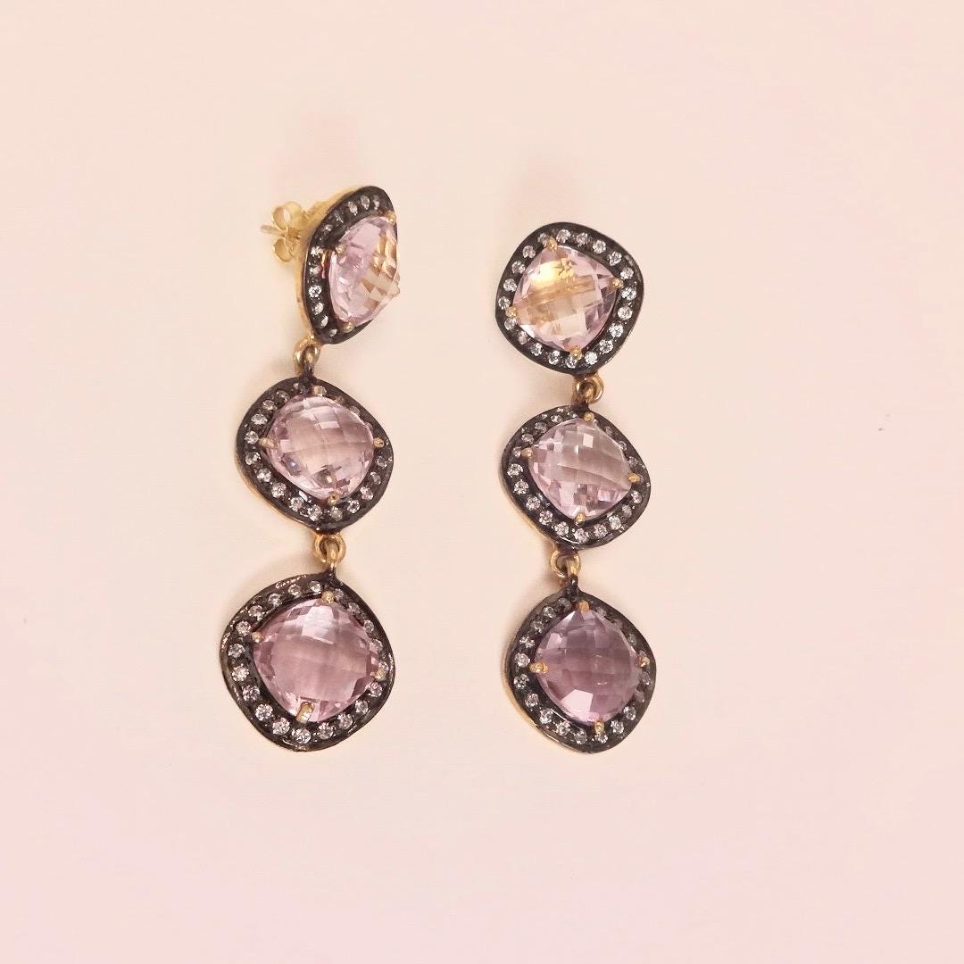 Vintage Rose Quartz Sterling Silver Dangle Earrings
