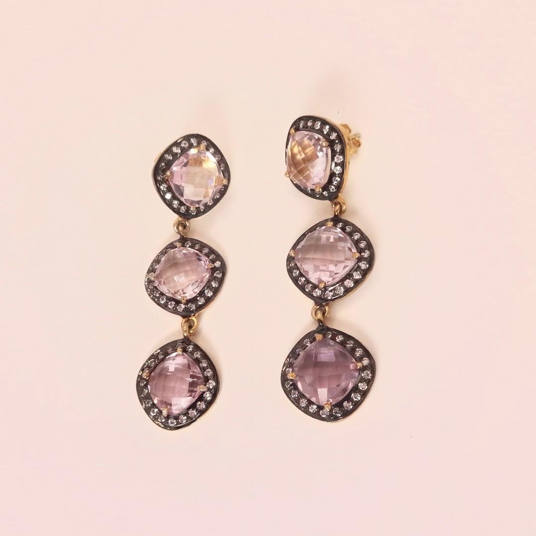 Vintage Rose Quartz Sterling Silver Dangle Earrings