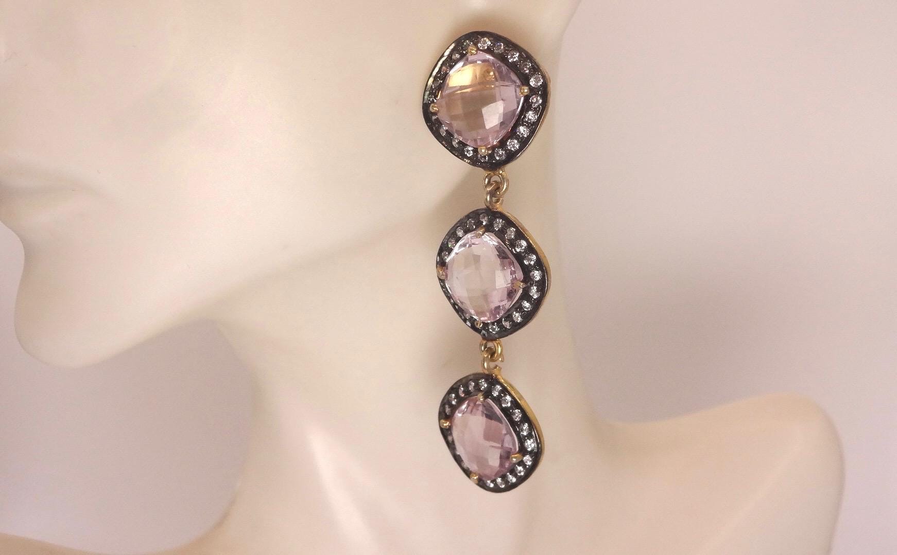 Vintage Rose Quartz Sterling Silver Dangle Earrings