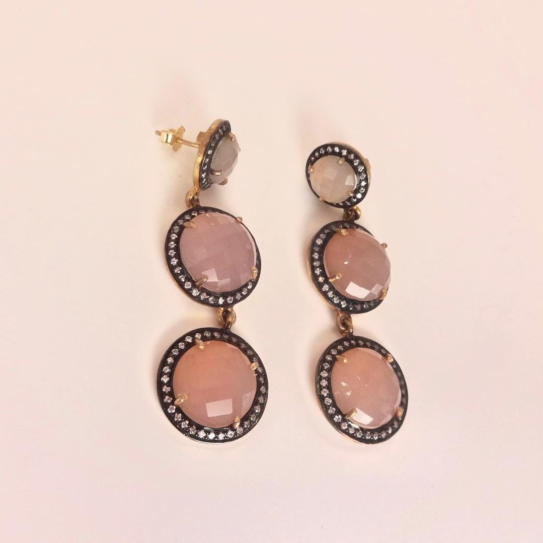 Vintage Rose Quartz Sterling Silver Dangle Earrings