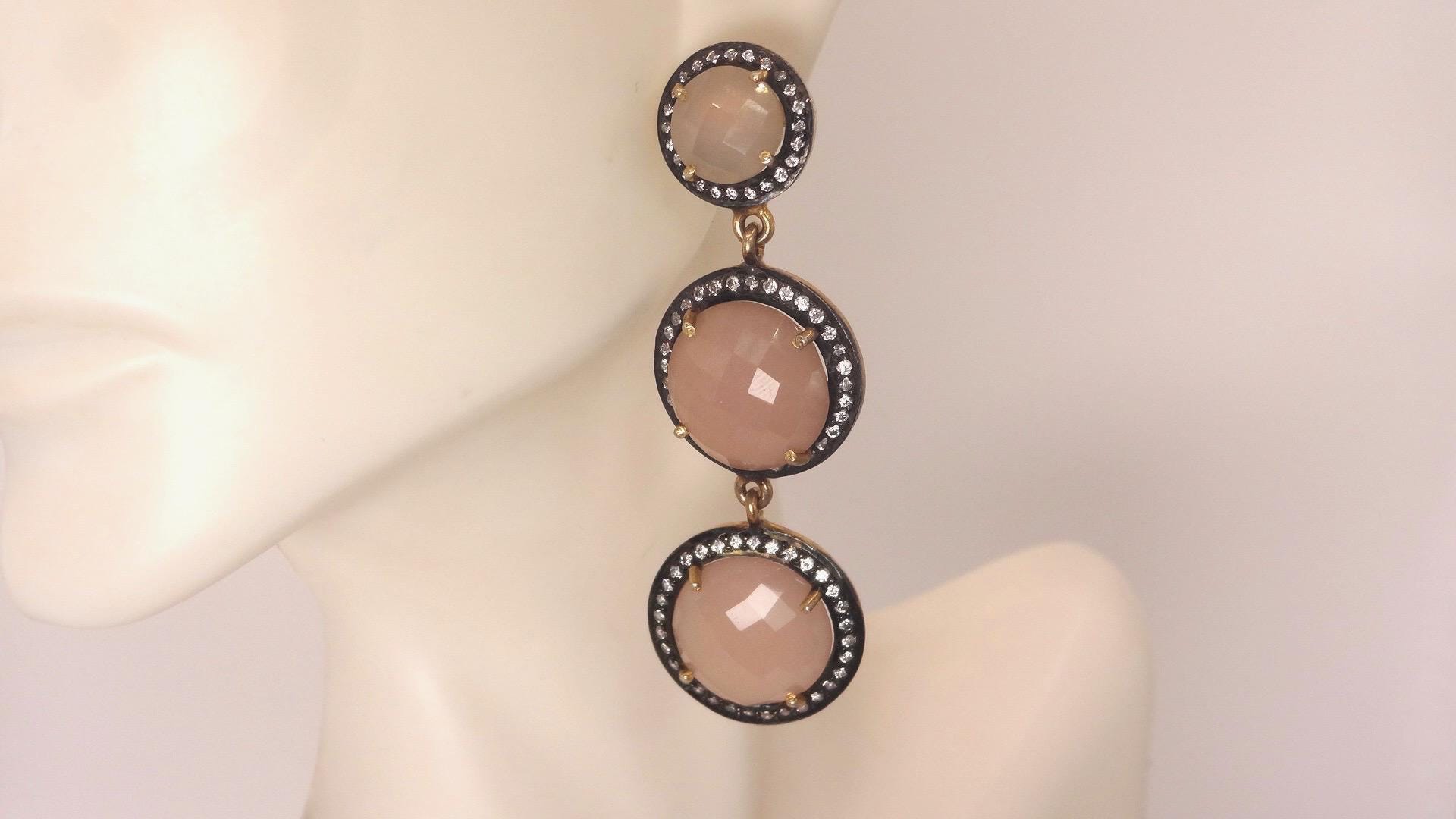 Vintage Rose Quartz Sterling Silver Dangle Earrings