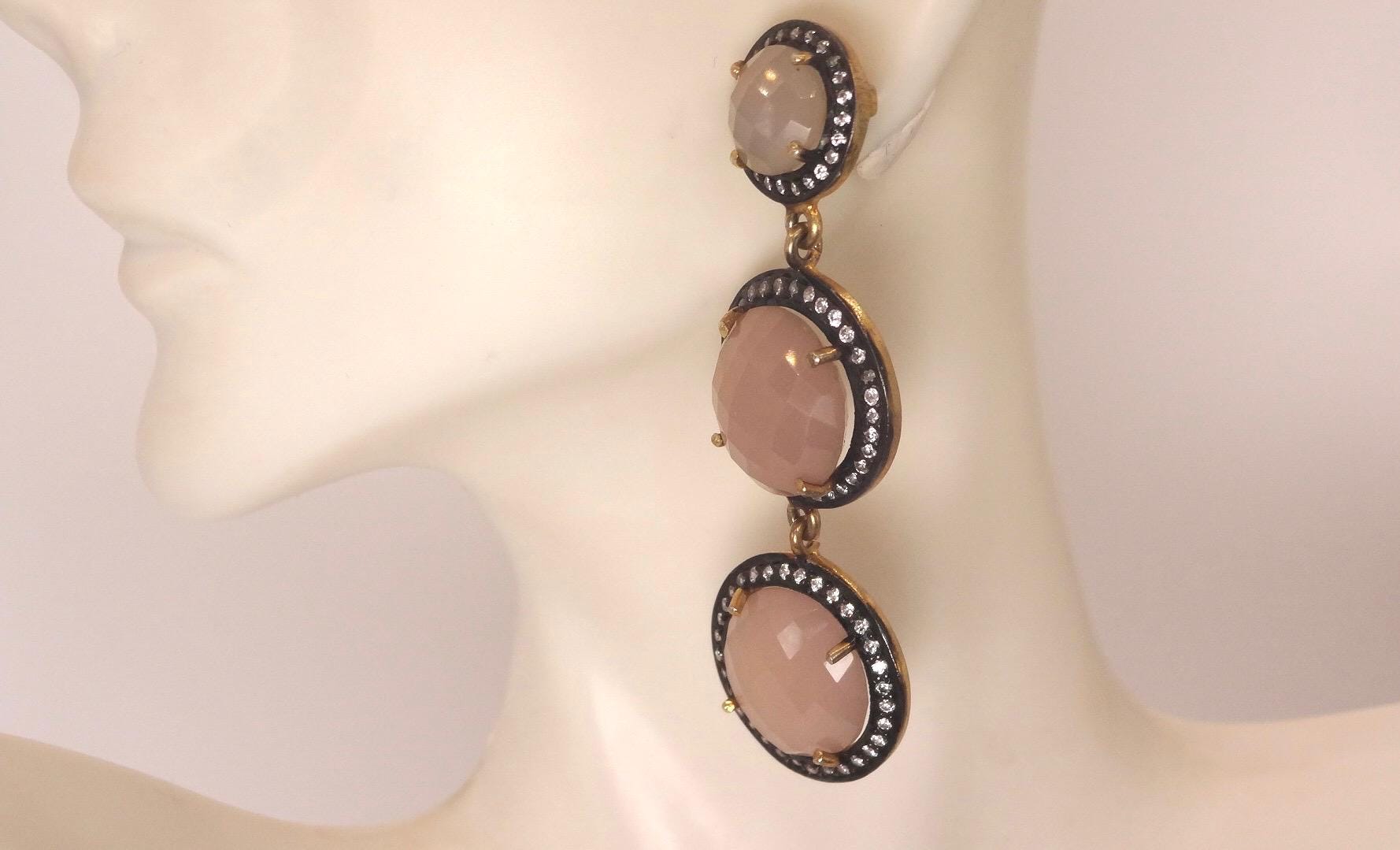 Vintage Rose Quartz Sterling Silver Dangle Earrings