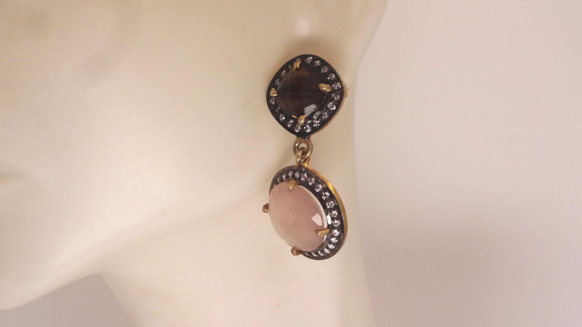 Vintage Rose Quartz Sterling Silver Dangle Earrings