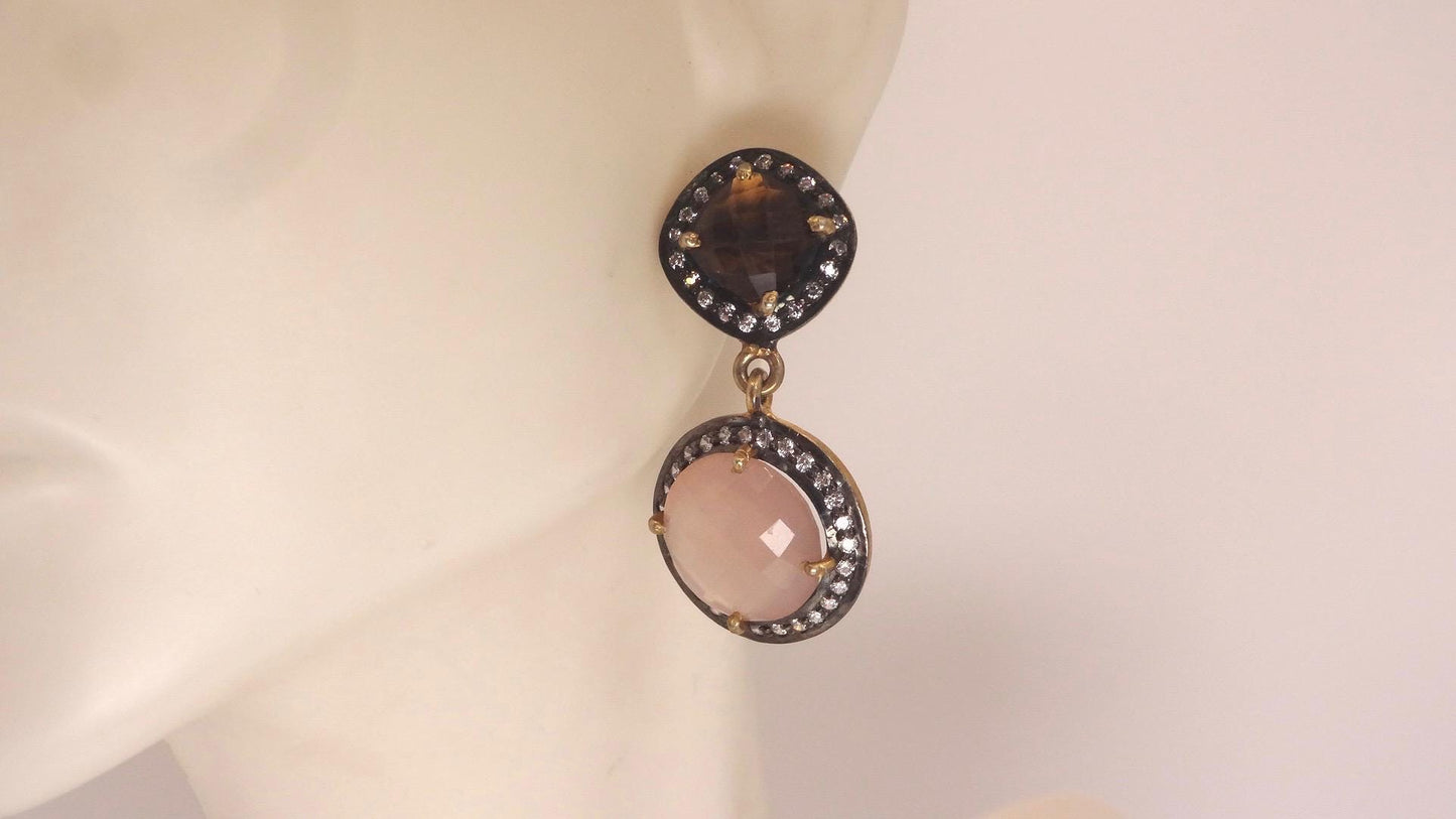 Vintage Rose Quartz Smoky Topaz Sterling Silver Dangle Earrings