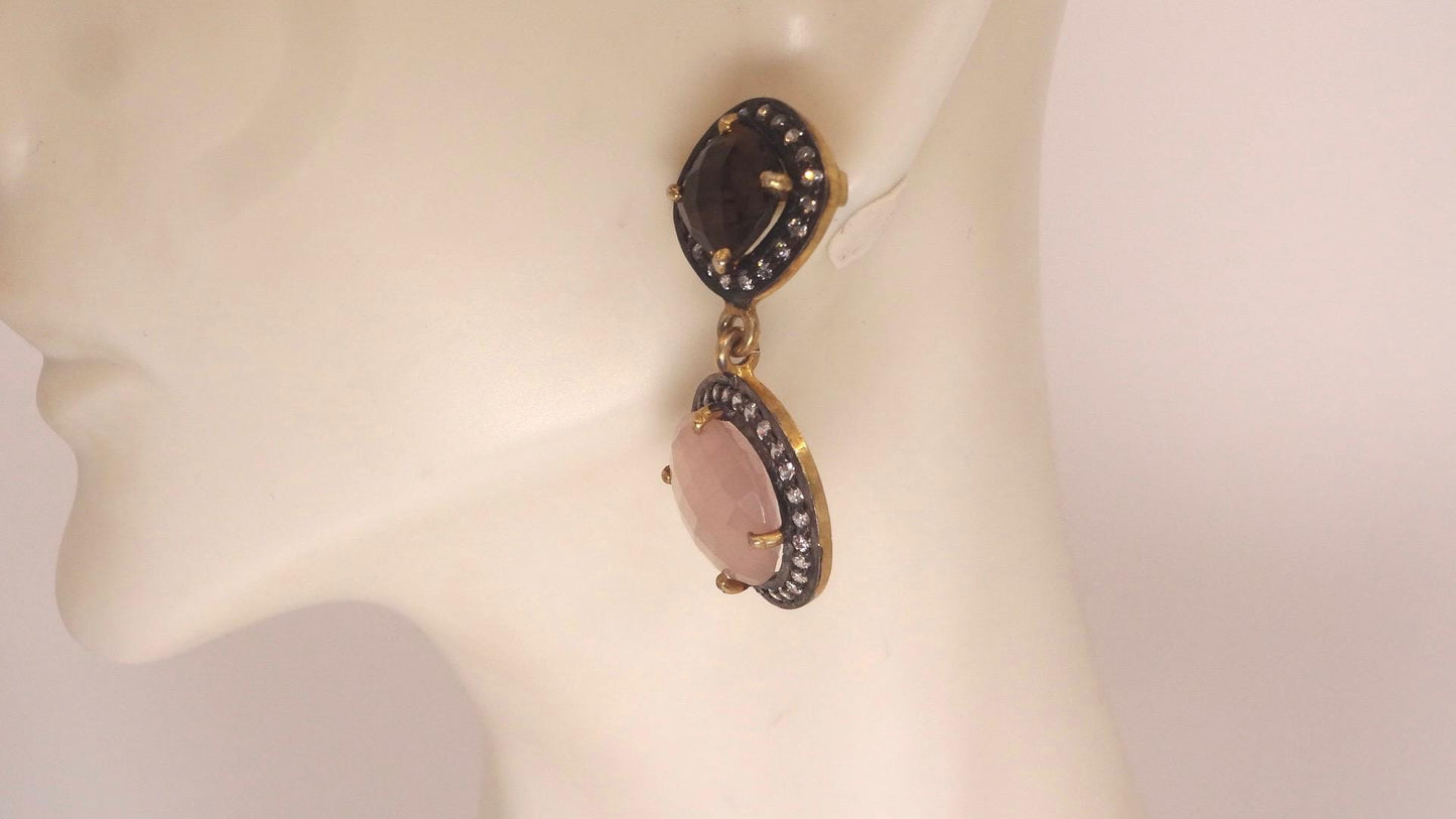 Vintage Rose Quartz Smoky Topaz Sterling Silver Dangle Earrings