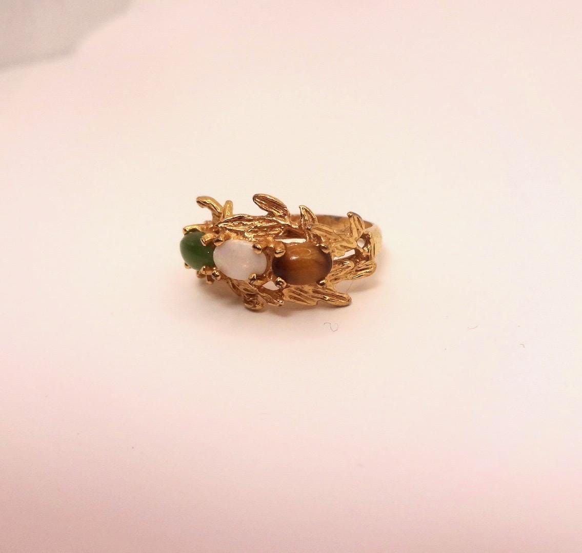 Vintage Jade Opal Tigers Eye Golden Filled Cocktail Ring Size 5.5