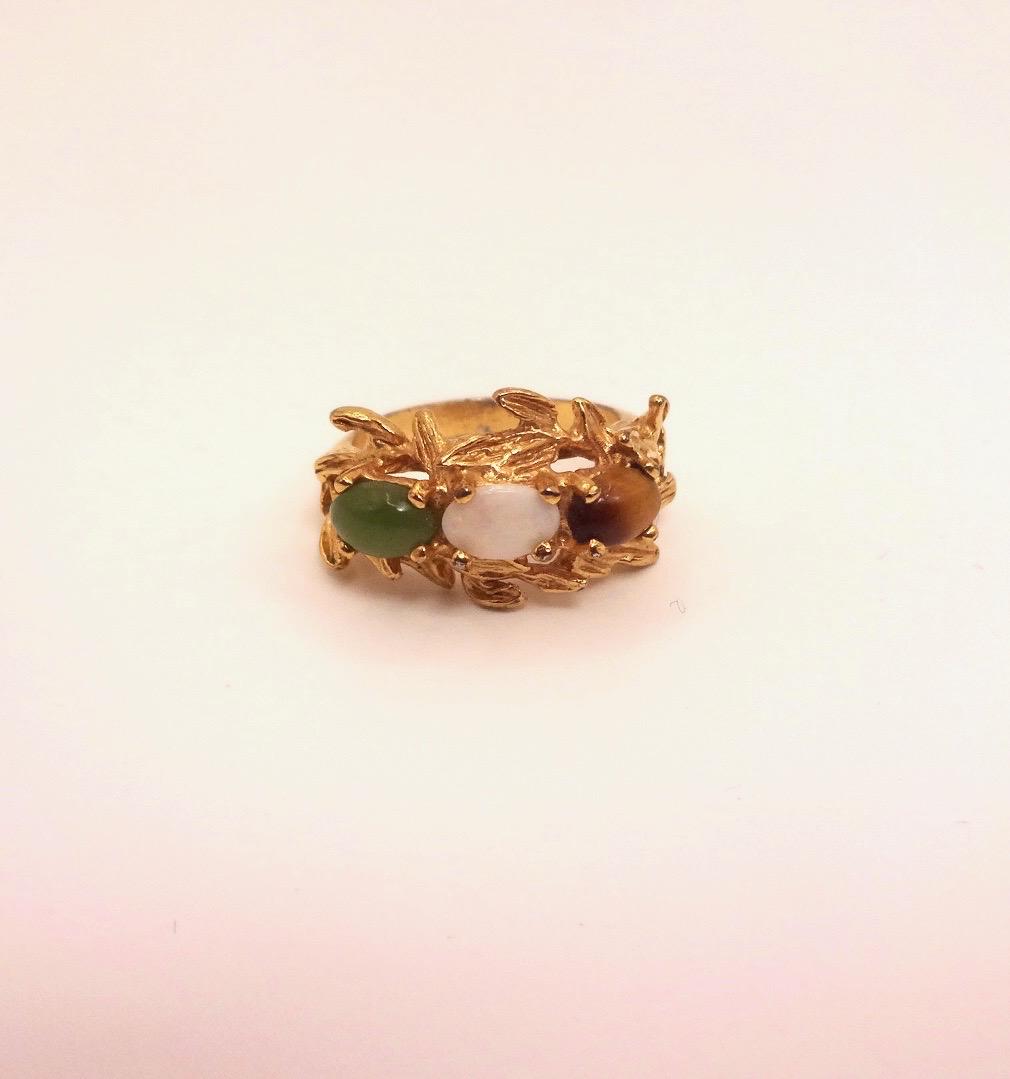 Vintage Jade Opal Tigers Eye Golden Filled Cocktail Ring Size 5.5