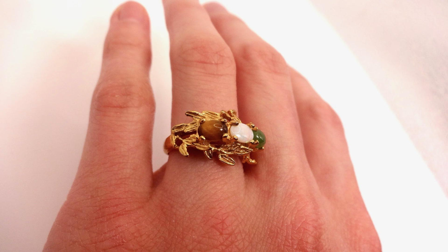 Vintage Jade Opal Tigers Eye Golden Filled Cocktail Ring Size 5.5
