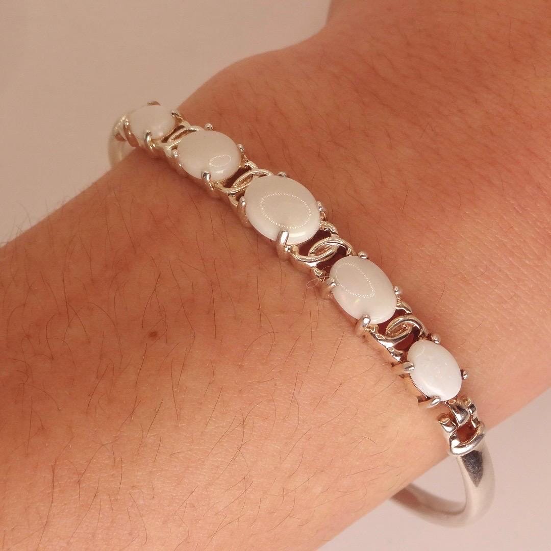 Vintage Blue Fire Opal Bangle Cuff Bracelet 925 Sterling Silver
