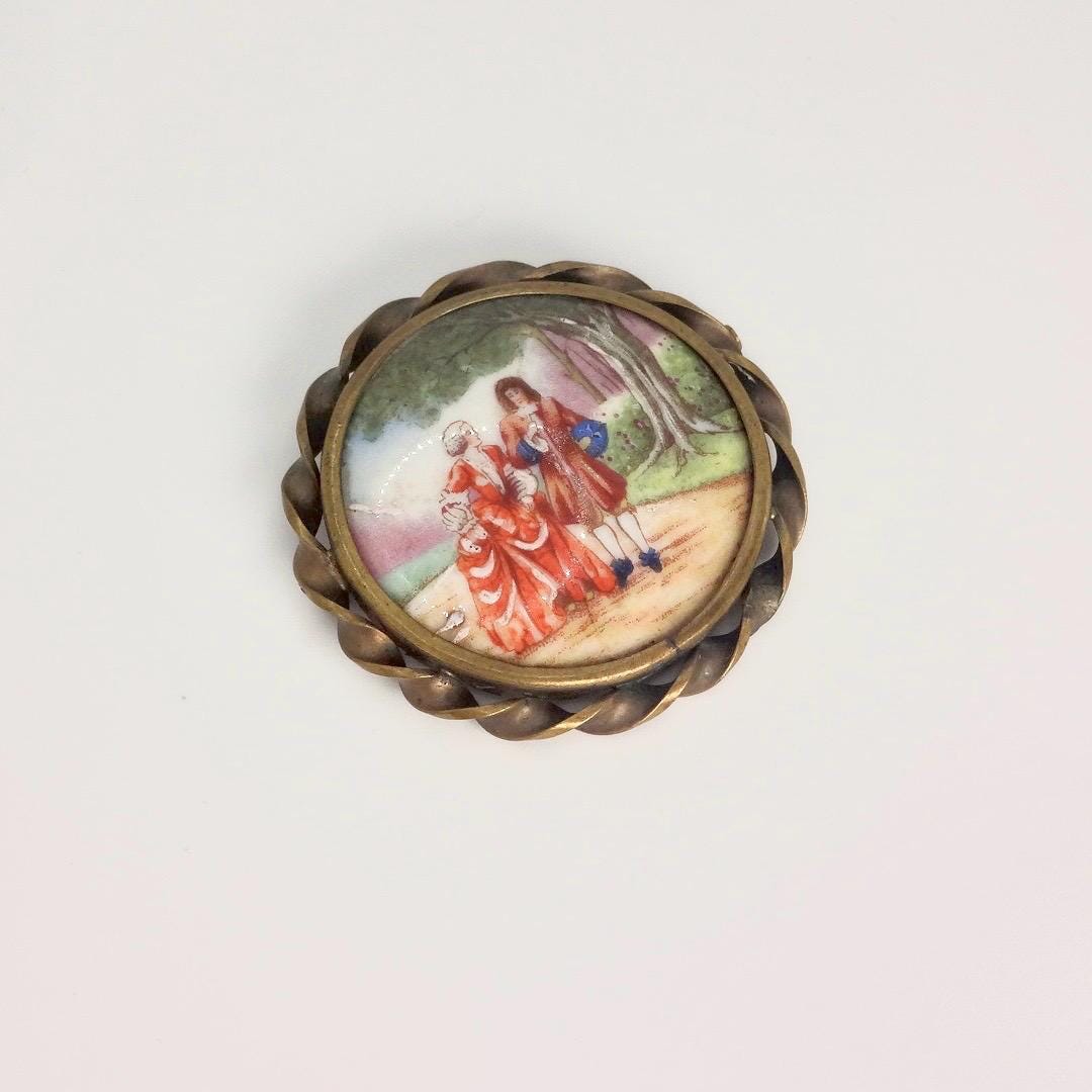 Vintage Genuine French Limoges Hand Painted Porcelian Cameo Bronze Necklace Choker pin