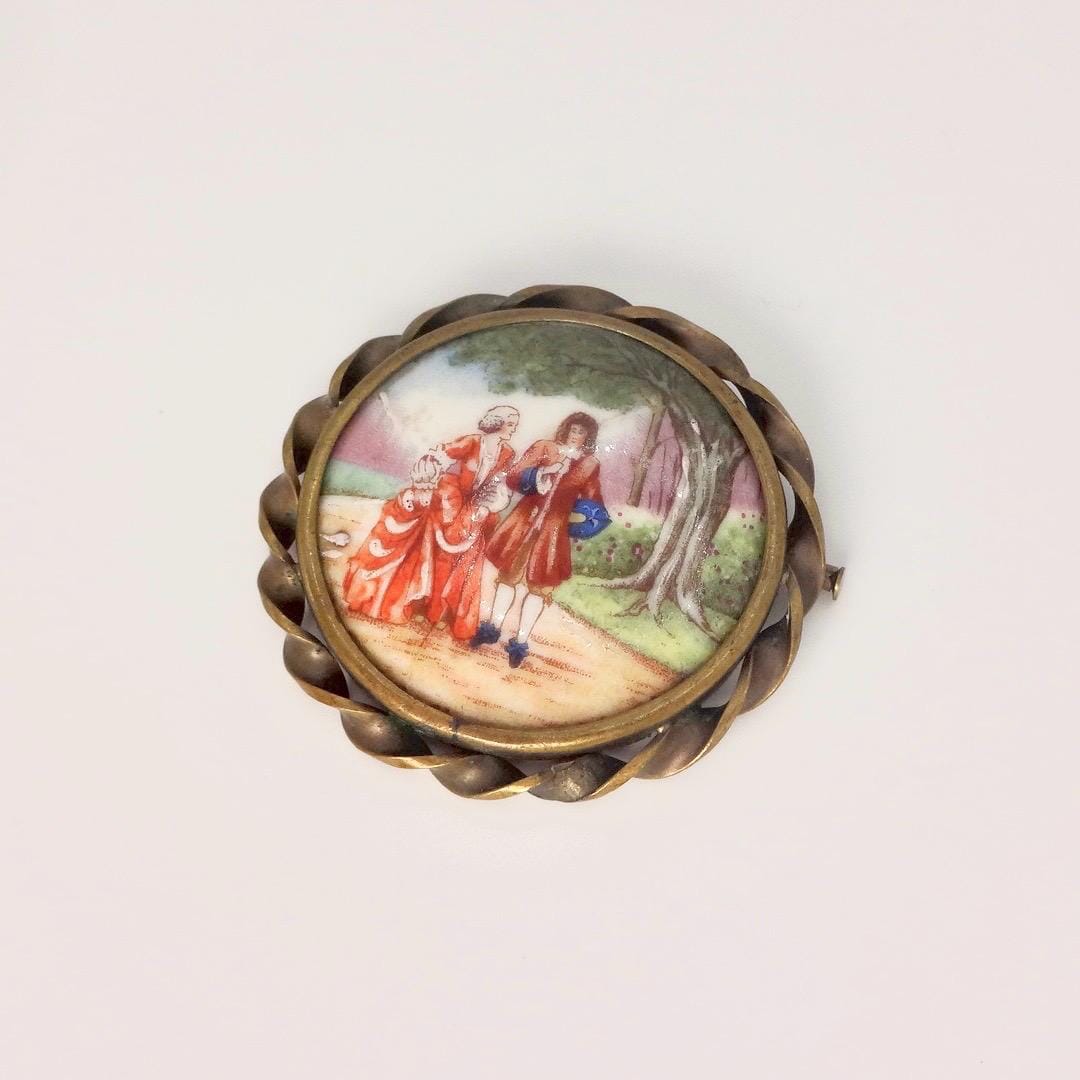 Vintage Genuine French Limoges Hand Painted Porcelian Cameo Bronze Necklace Choker pin