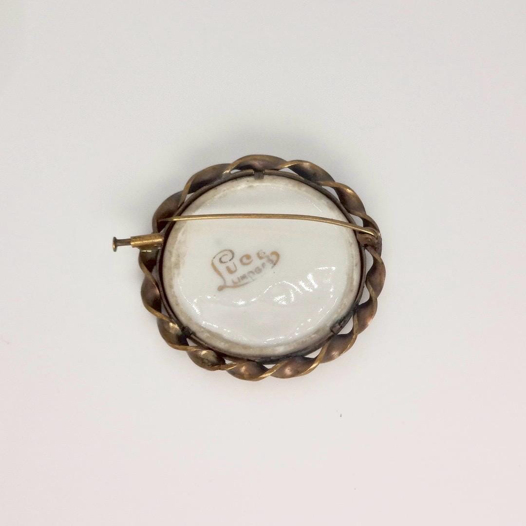 Vintage Genuine French Limoges Hand Painted Porcelian Cameo Bronze Necklace Choker pin