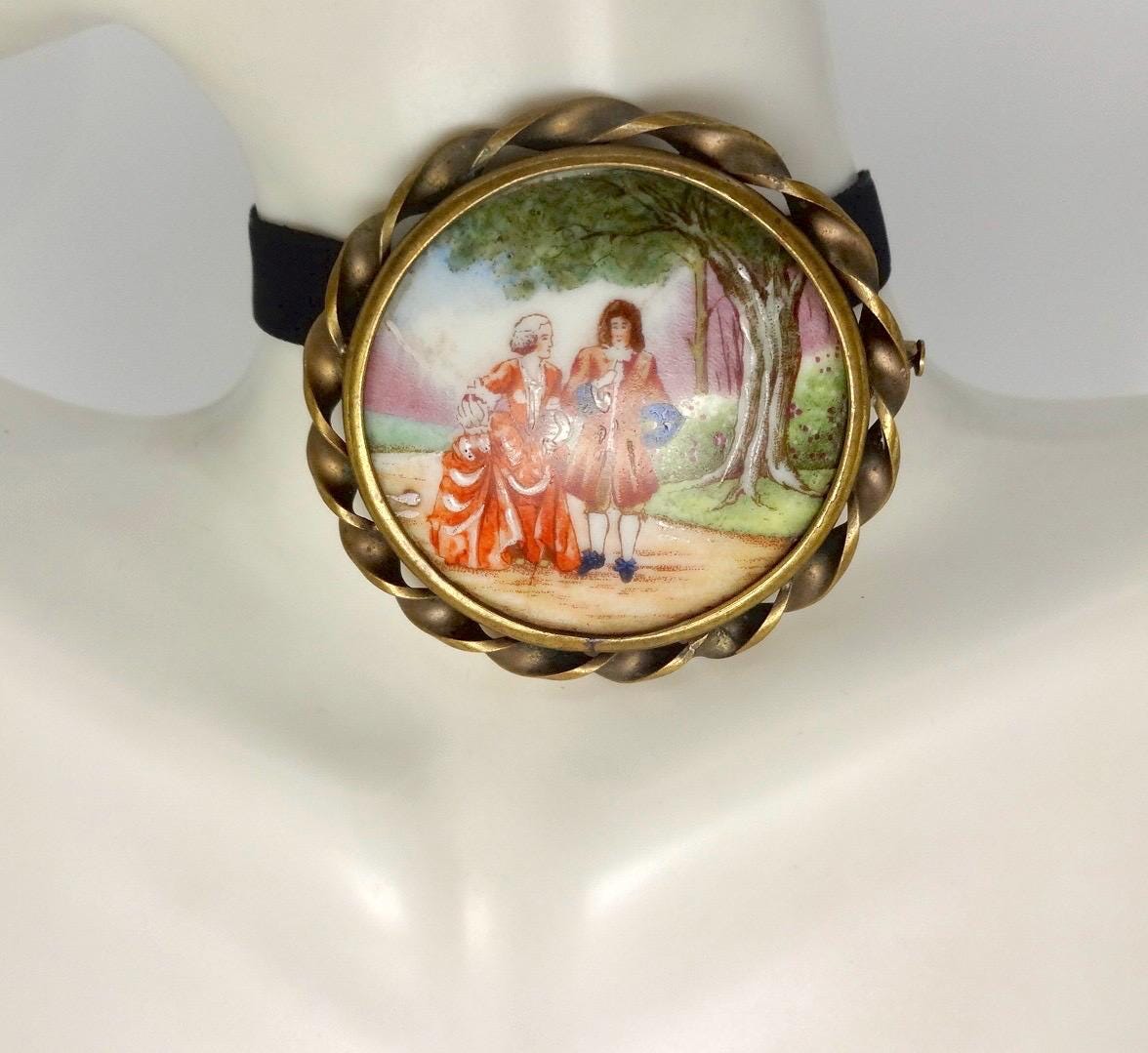 Vintage Genuine French Limoges Hand Painted Porcelian Cameo Bronze Necklace Choker pin