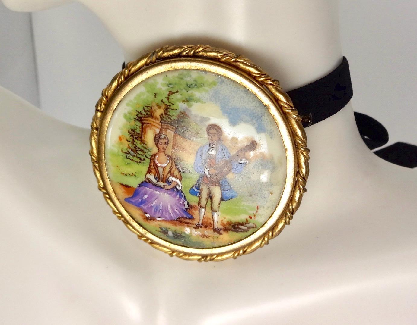 Vintage Genuine French Limoges Hand Painted Porcelian Cameo Bronze Necklace Choker pin