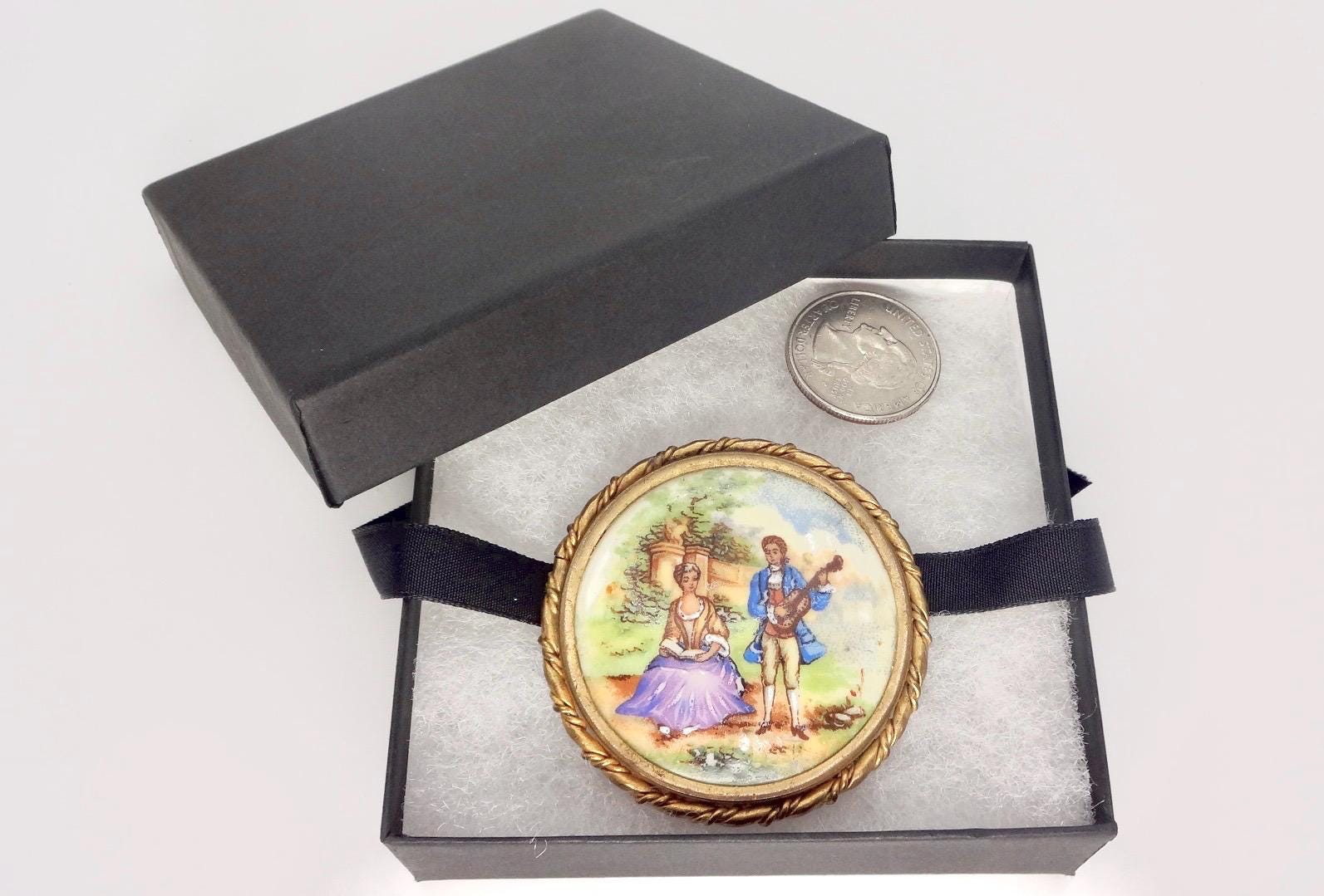 Vintage Genuine French Limoges Hand Painted Porcelian Cameo Bronze Necklace Choker pin