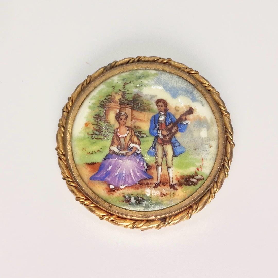 Vintage Genuine French Limoges Hand Painted Porcelian Cameo Bronze Necklace Choker pin