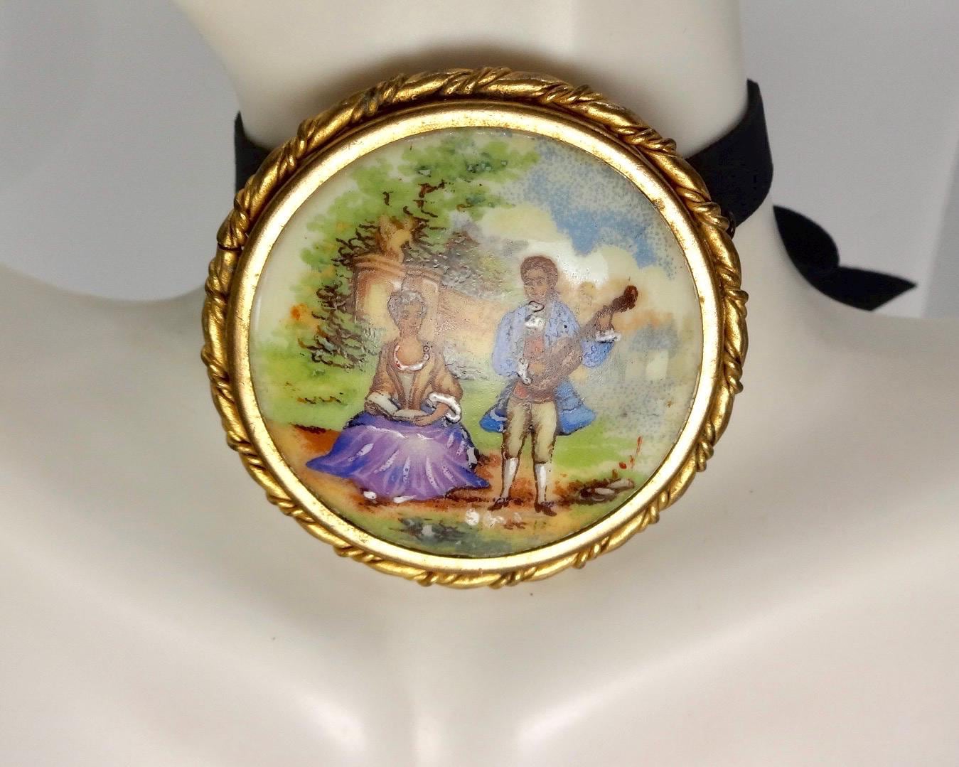 Vintage Genuine French Limoges Hand Painted Porcelian Cameo Bronze Necklace Choker pin