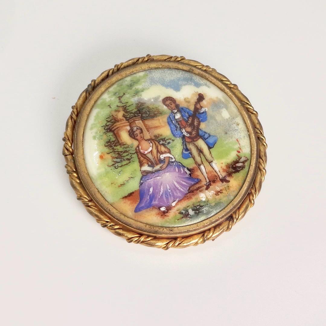 Vintage Genuine French Limoges Hand Painted Porcelian Cameo Bronze Necklace Choker pin