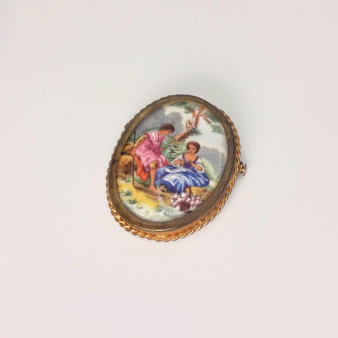 Vintage Genuine French Limoges Hand Painted Porcelian Cameo Bronze Necklace Choker pin
