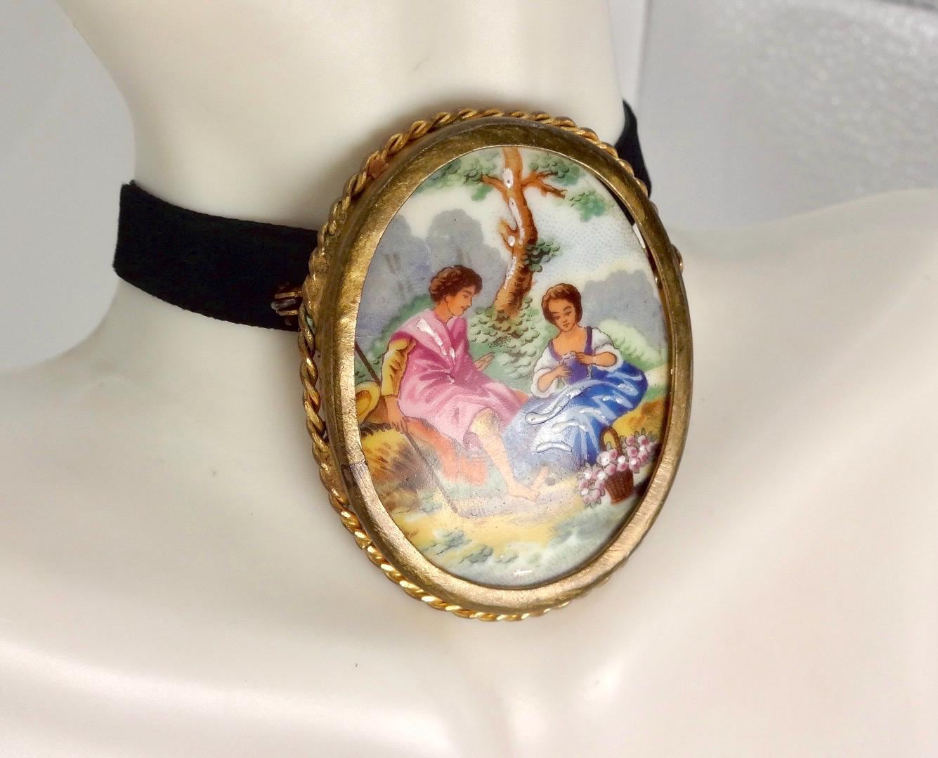 Vintage Genuine French Limoges Hand Painted Porcelian Cameo Bronze Necklace Choker pin