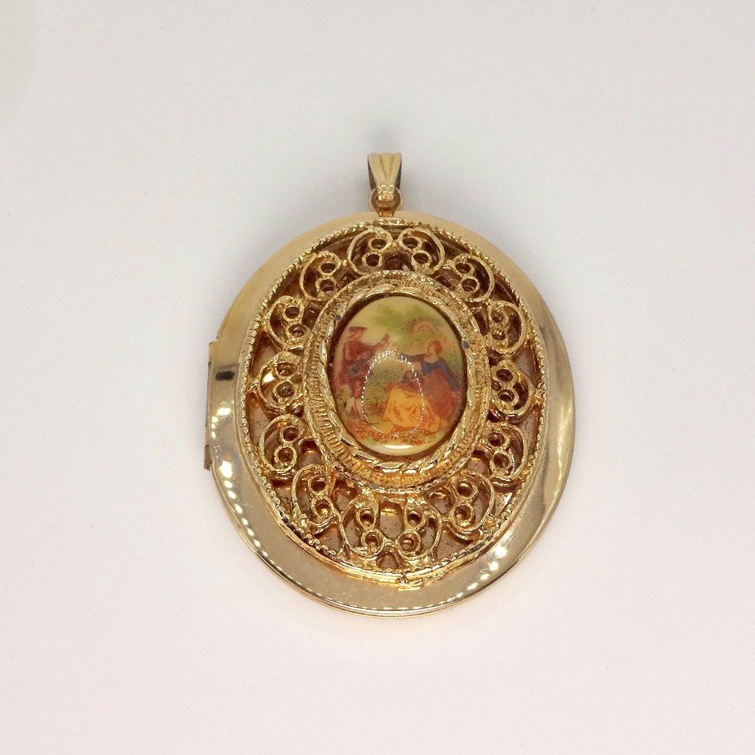 Vintage Genuine French Limoges Hand Painted Porcelian Cameo Bronze Locket Necklace Choker pin