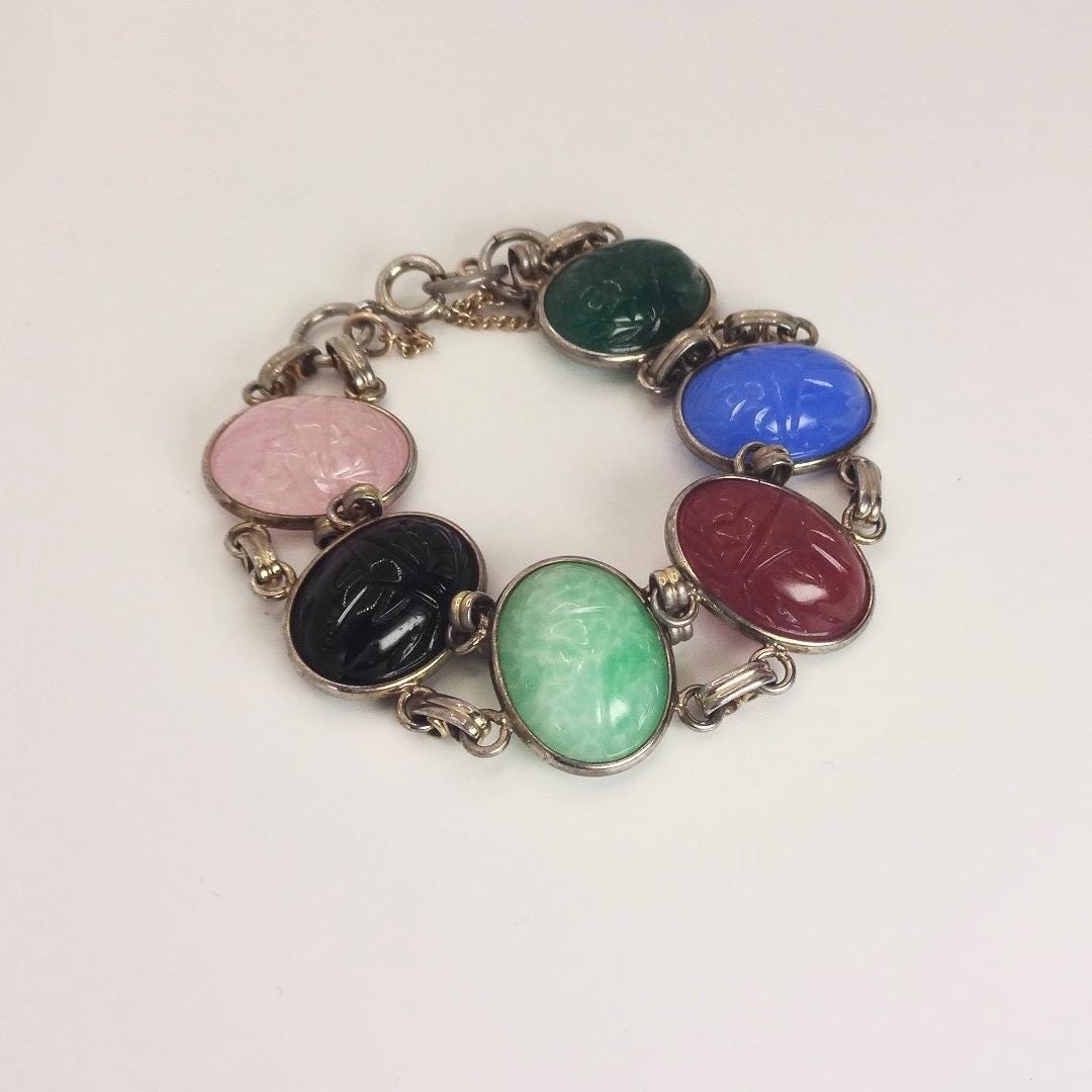 Vintage Scarab Bracelet Gold filled Carved Gemstones