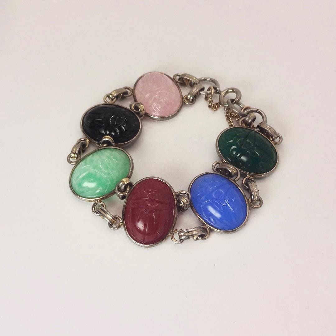 Vintage Scarab Bracelet Gold filled Carved Gemstones