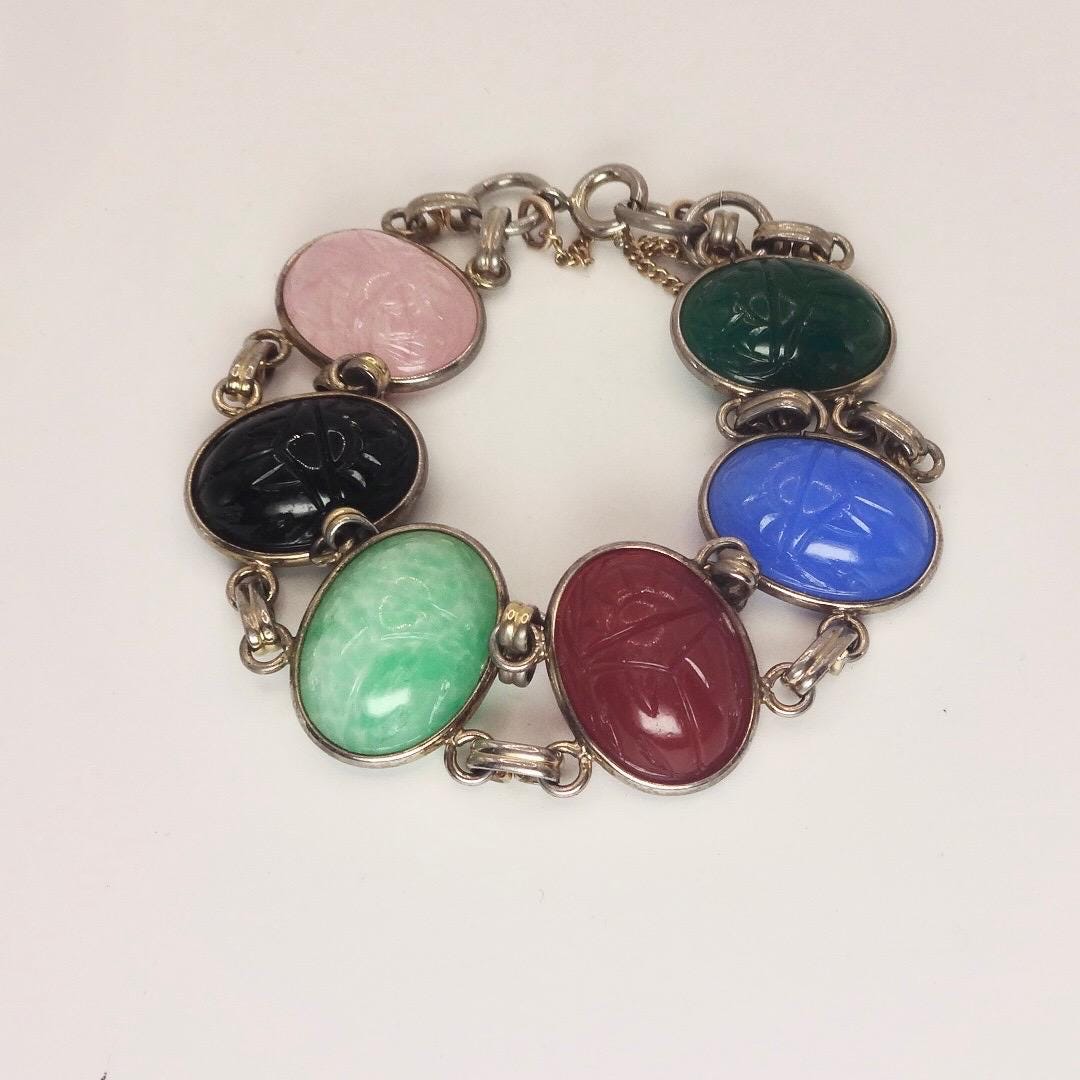 Vintage Scarab Bracelet Gold filled Carved Gemstones