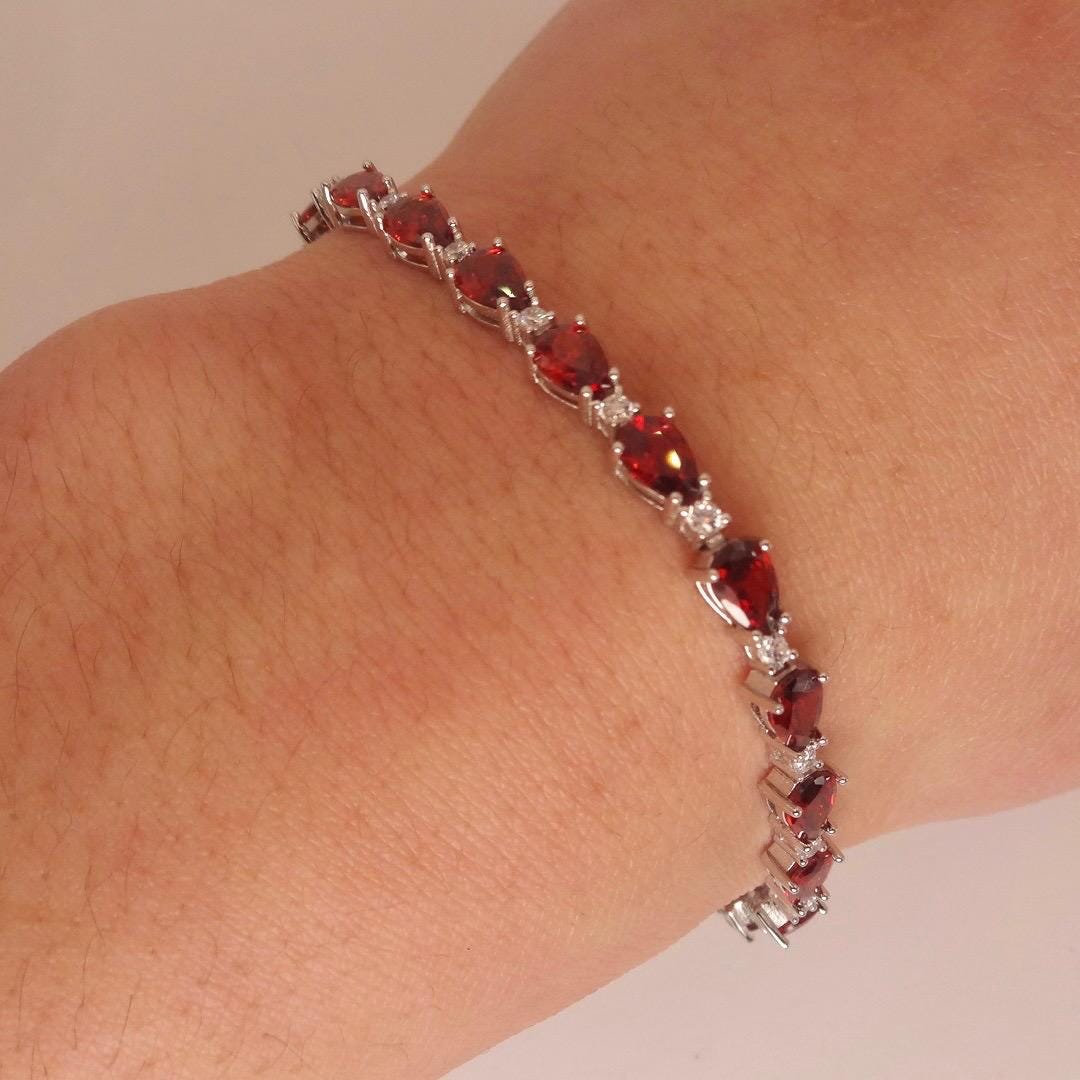 Vintage Bohemian Red Garnet and Cubic Zirconia Bracelet 925 Sterling Silver