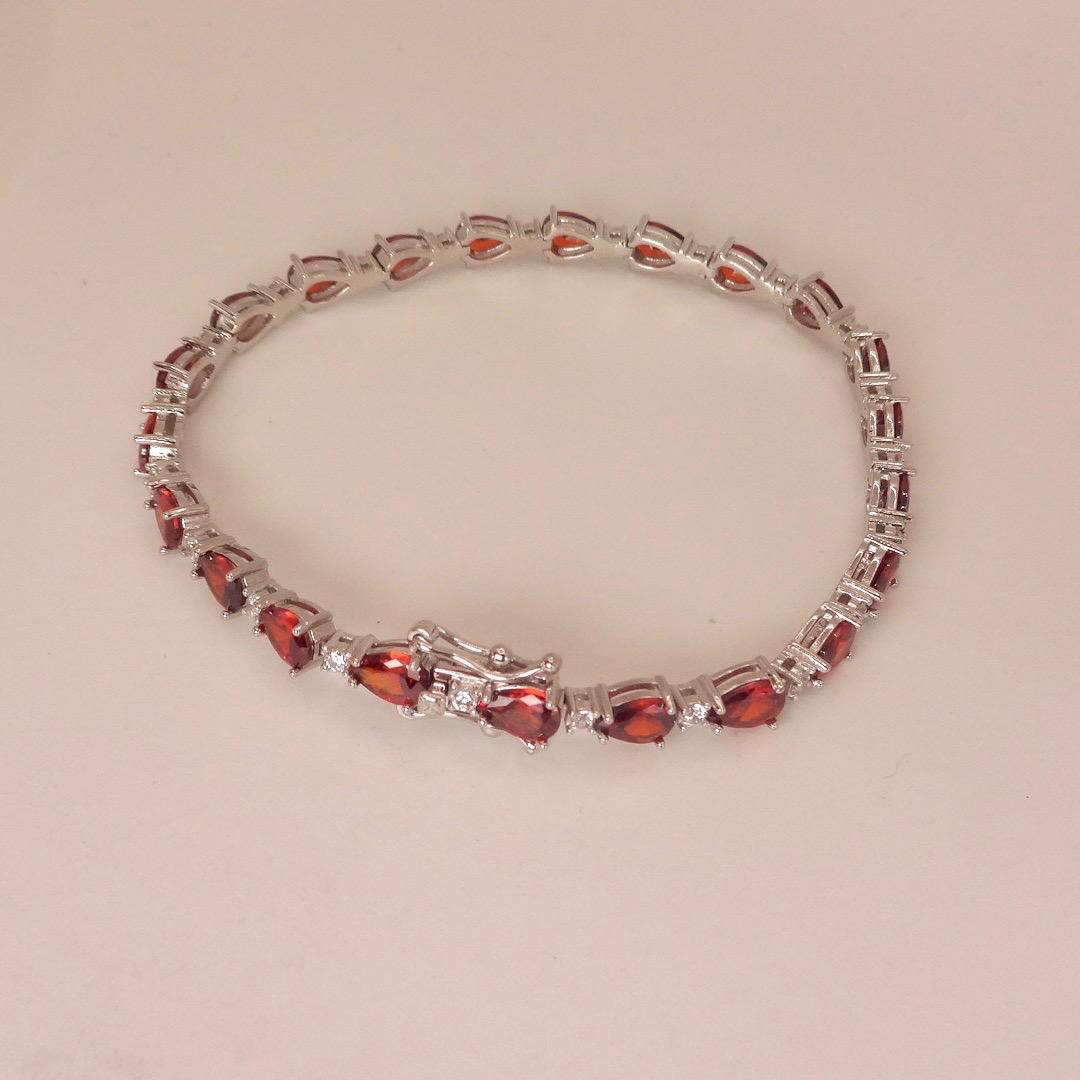Vintage Bohemian Red Garnet and Cubic Zirconia Bracelet 925 Sterling Silver