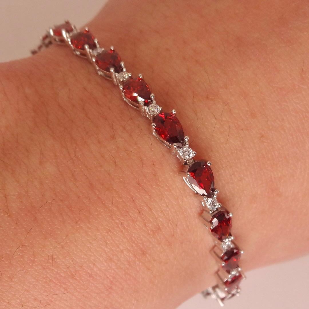 Vintage Bohemian Red Garnet and Cubic Zirconia Bracelet 925 Sterling Silver