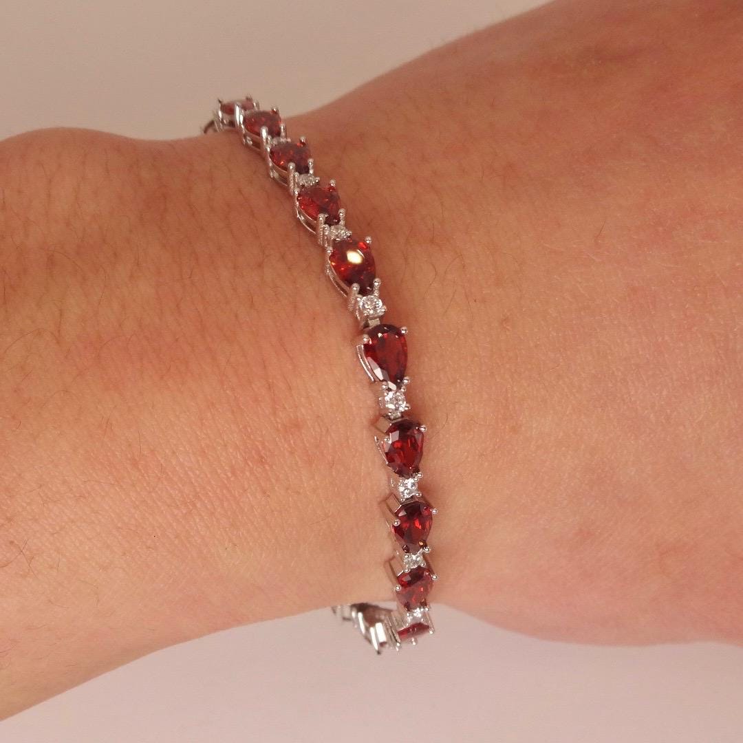 Vintage Bohemian Red Garnet and Cubic Zirconia Bracelet 925 Sterling Silver