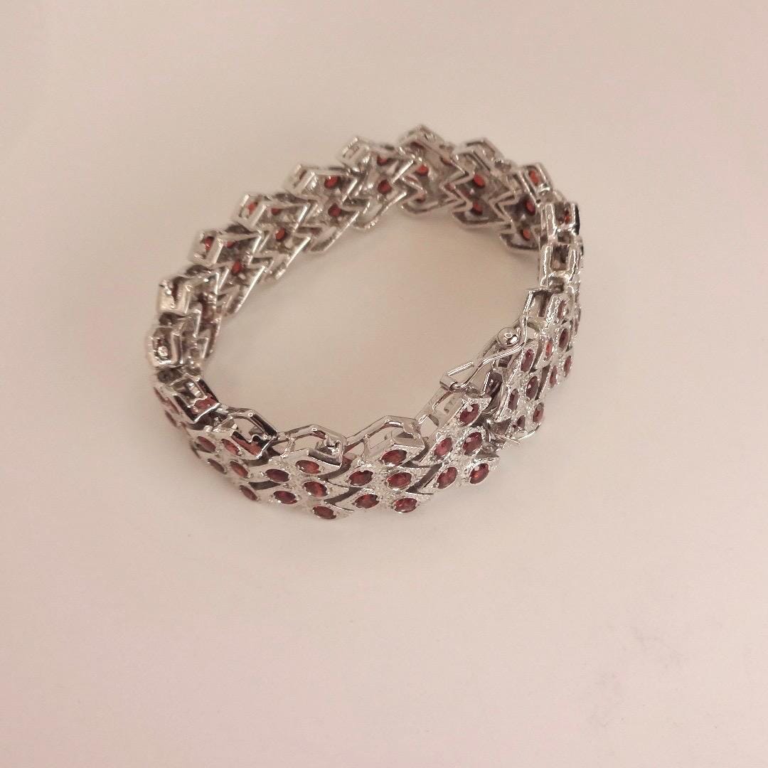 Vintage Bohemian Red Garnet Bracelet 925 Sterling Silver