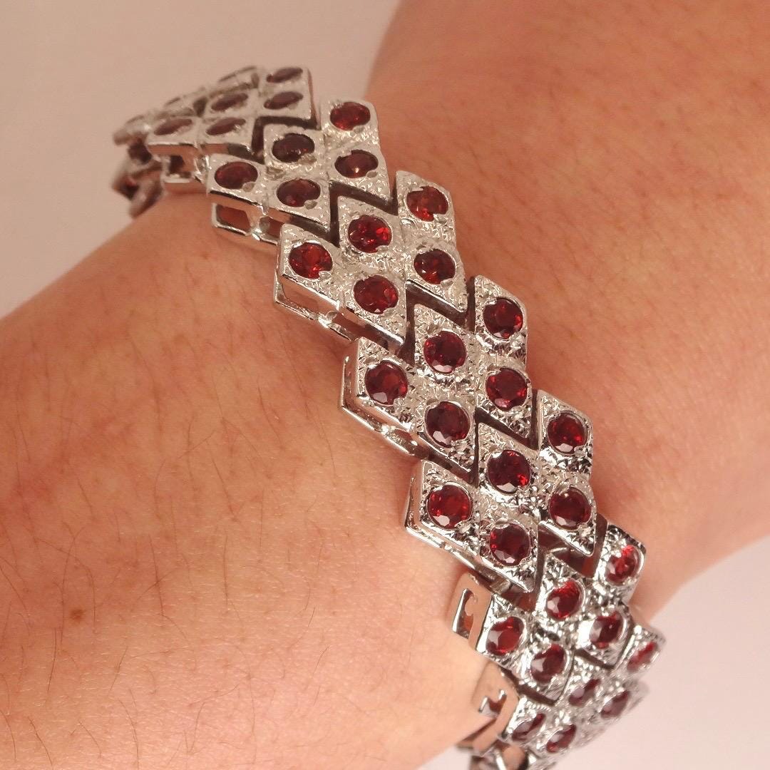 Vintage Bohemian Red Garnet Bracelet 925 Sterling Silver