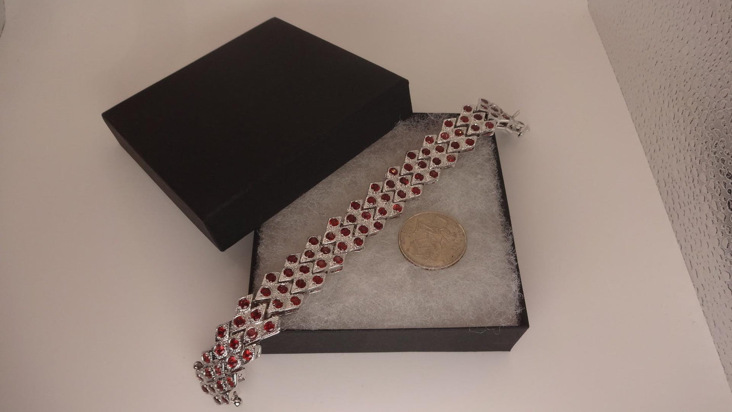Vintage Bohemian Red Garnet Bracelet 925 Sterling Silver