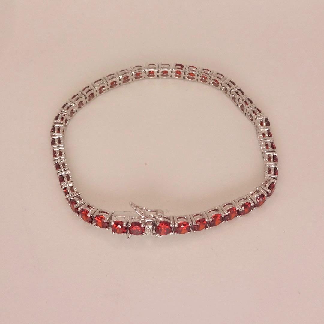 Vintage Red Garnet Tennis Bracelet in 925 Sterling Silver