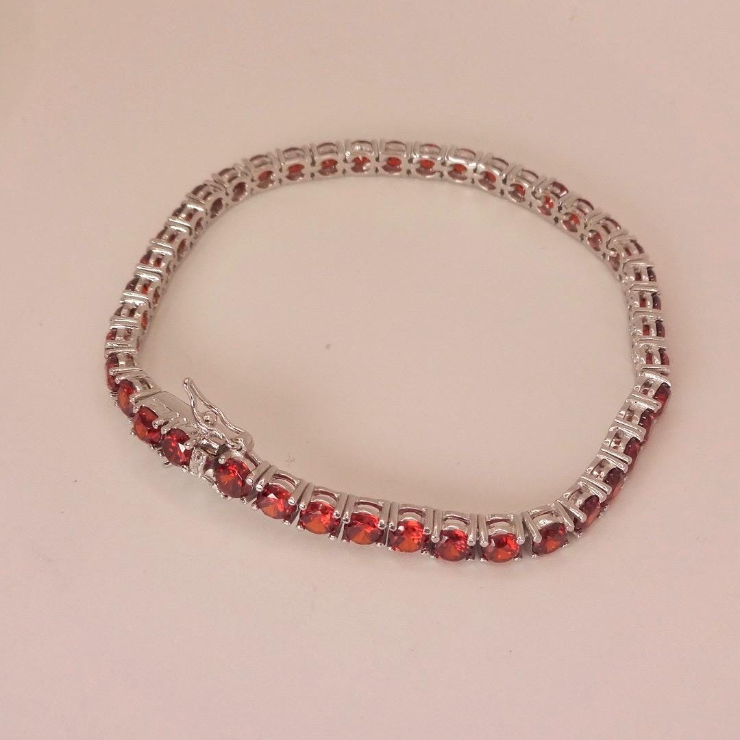 Vintage Red Garnet Tennis Bracelet in 925 Sterling Silver