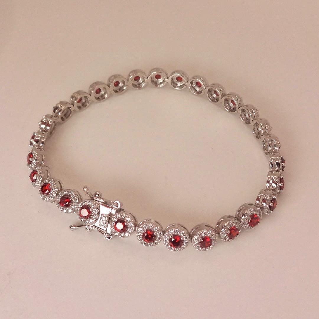 Vintage Red Garnet Tennis Bracelet in 925 Sterling Silver