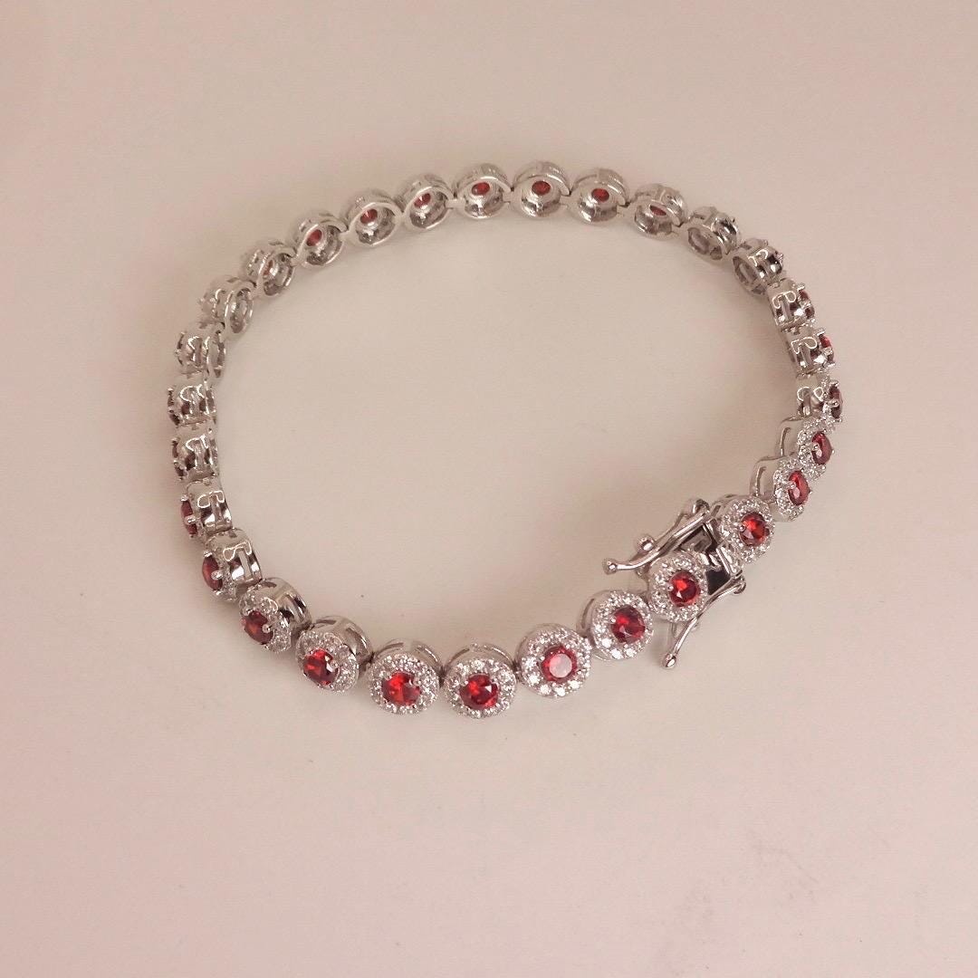 Vintage Red Garnet Bracelet Sterling Silver Deco Tennis