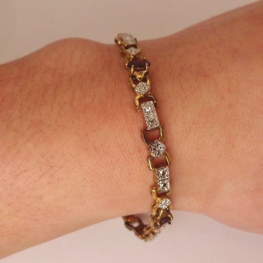 Bohemian Red Garnet Bracelet Gold 925 Sterling Silver Vintage