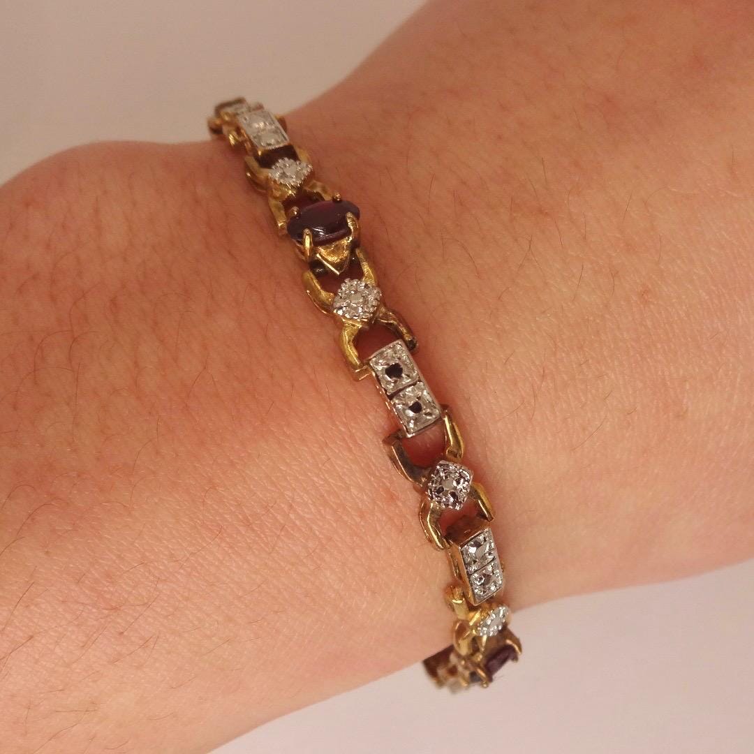 Bohemian Red Garnet Bracelet Gold 925 Sterling Silver Vintage