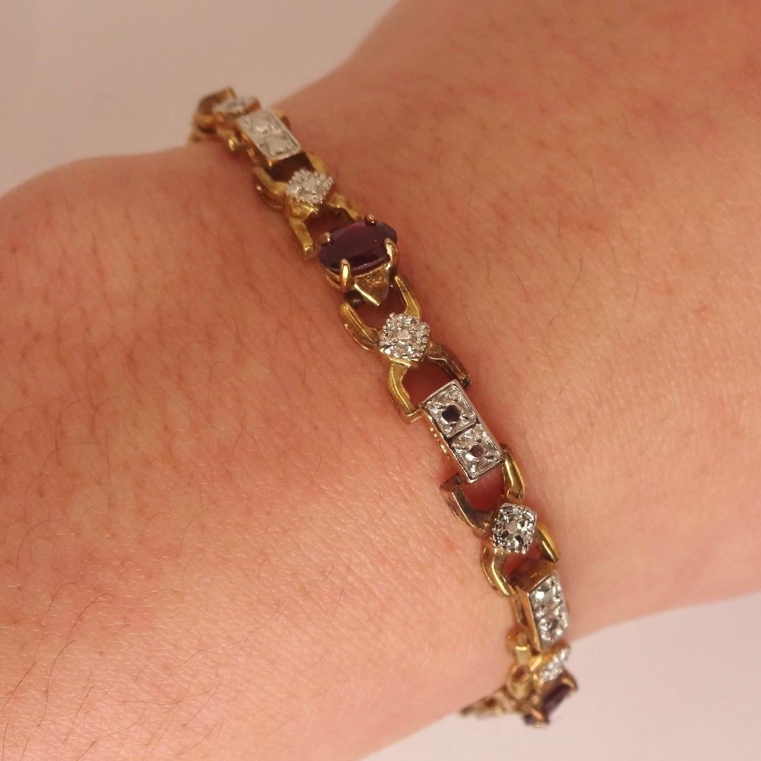 Bohemian Red Garnet Bracelet Gold 925 Sterling Silver Vintage