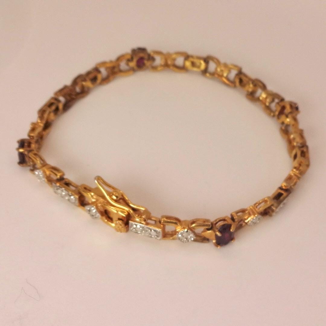 Bohemian Red Garnet Bracelet Gold 925 Sterling Silver Vintage
