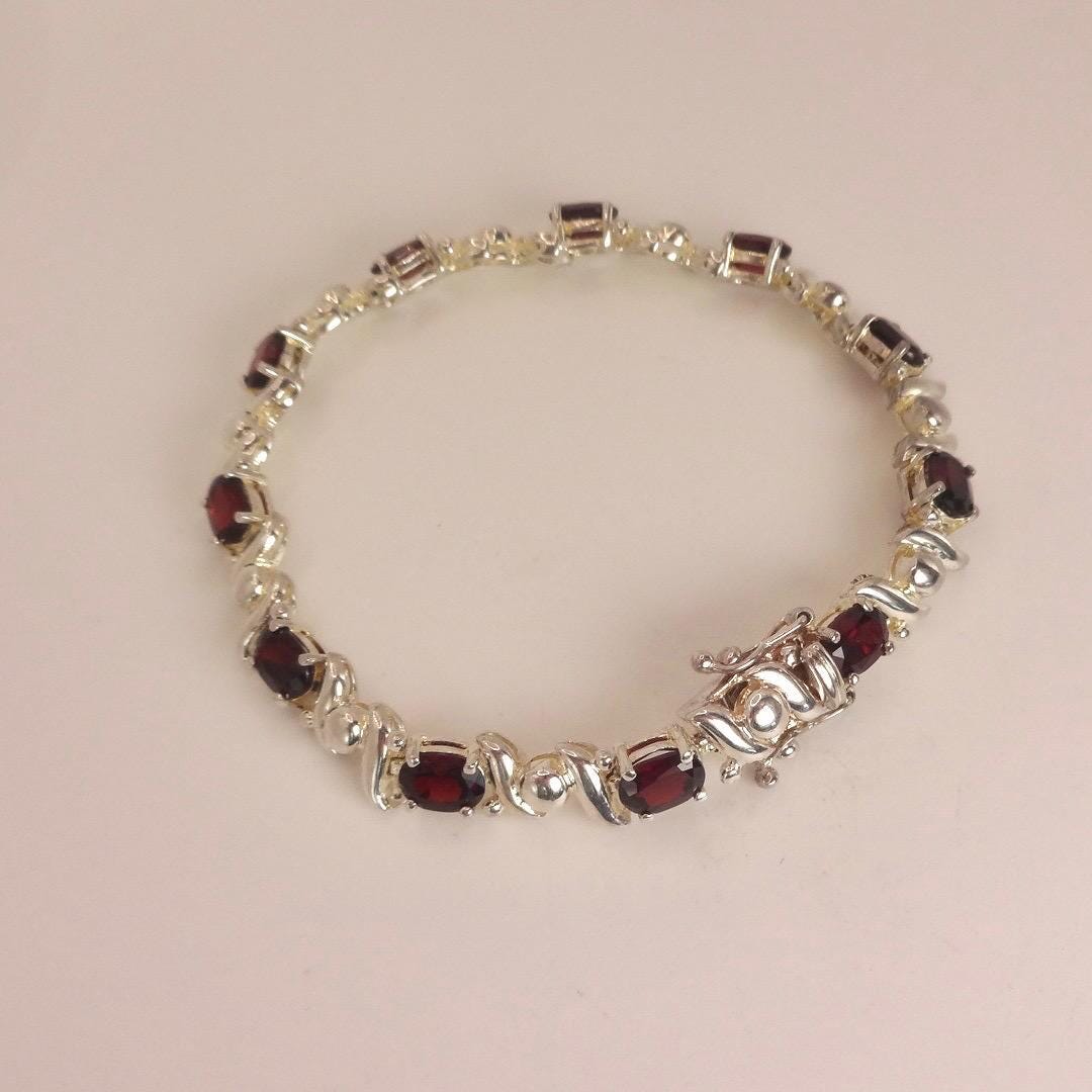 Vintage Red Garnet Bracelet Sterling Silver Deco Tennis