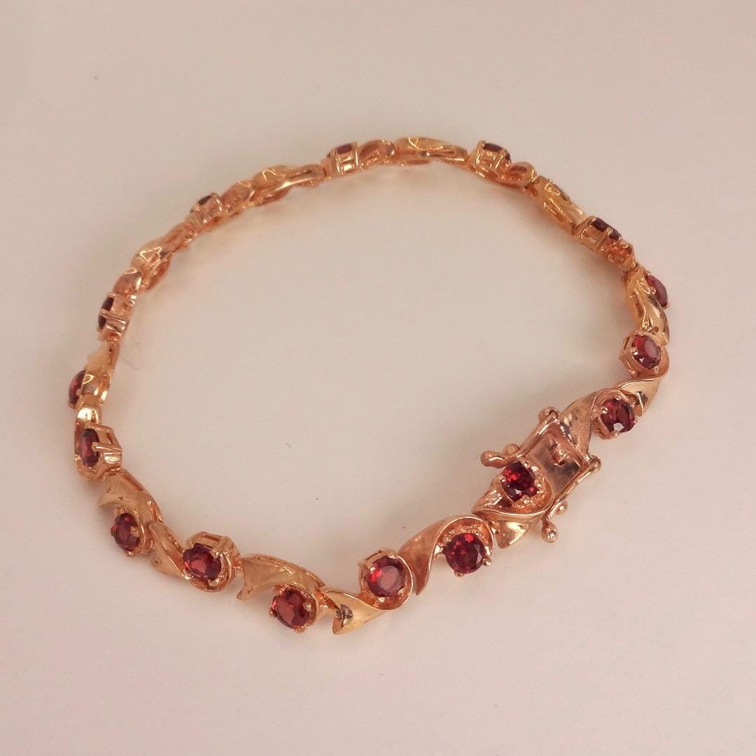 Bohemian Red Garnet Bracelet Rose Gold 925 Sterling Silver Vintage