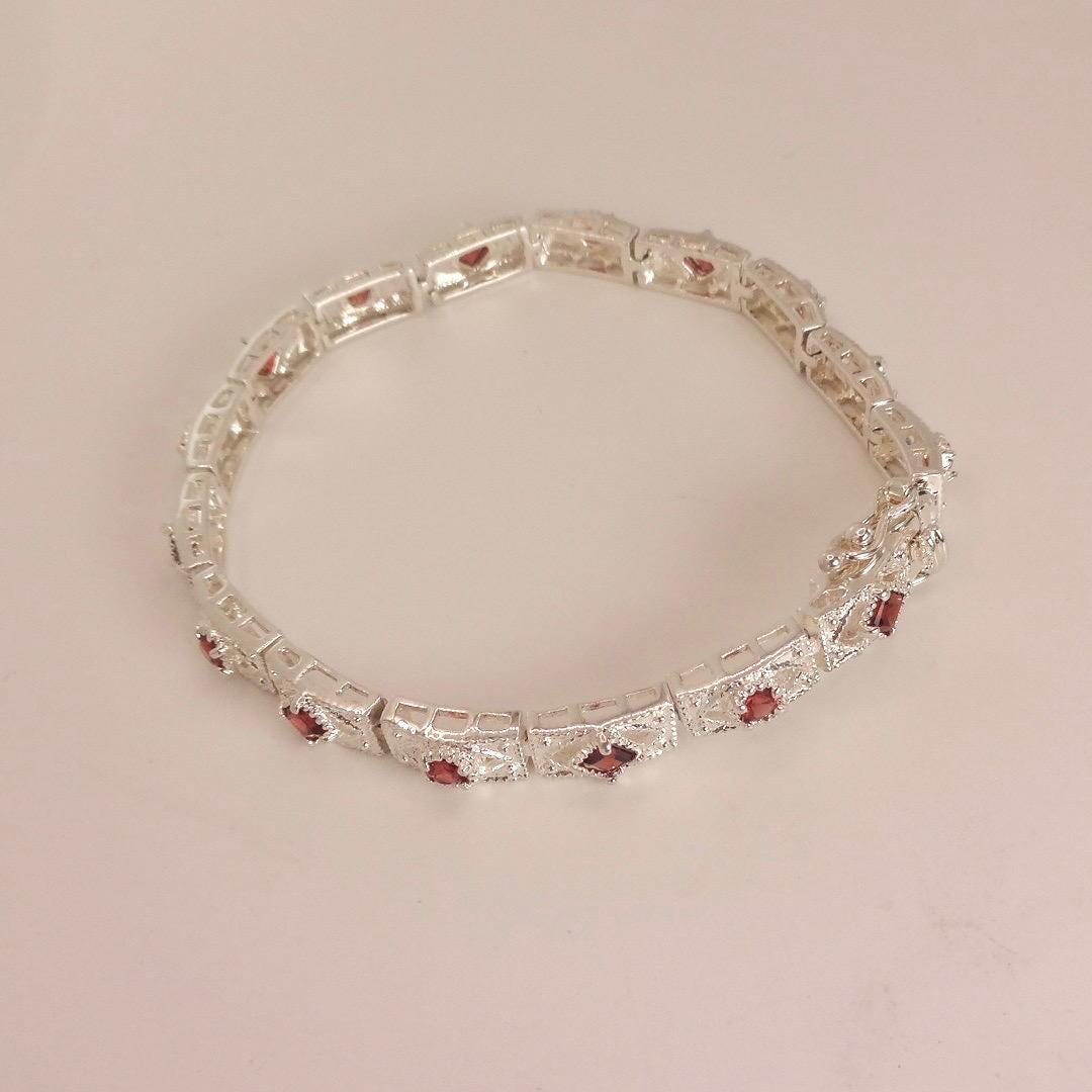 Vintage Red Garnet Bracelet Sterling Silver Deco Tennis